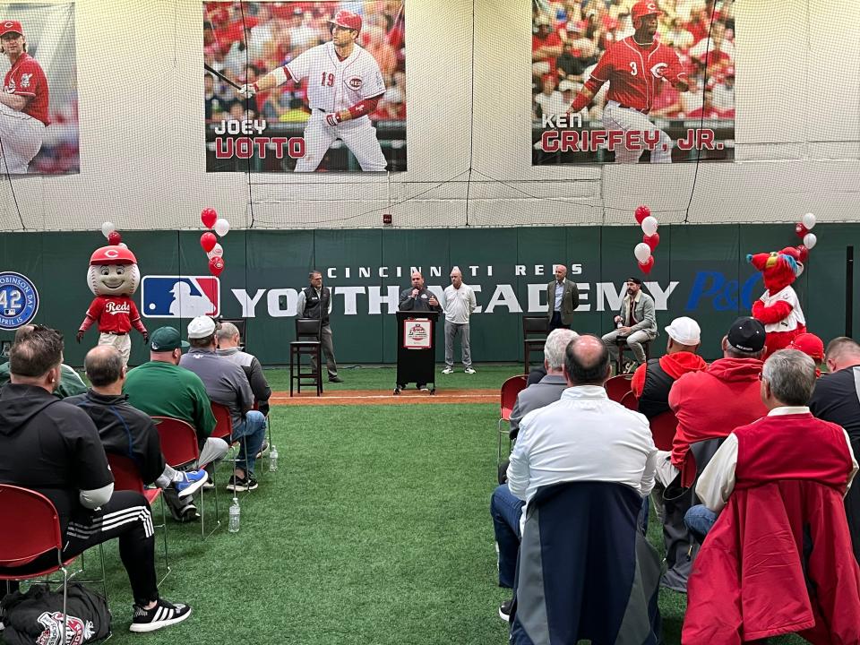 Local high school coaches take part in the program during a reception promoting the Skyline Chili Reds Futures High School Showcase March 19, 2024 at the Reds Youth Academy.