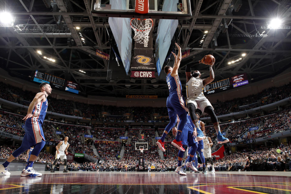 LeBron James, pictured against the Philadelphia 76ers on Thursday, caught the attention of the internet with one move in particular. (Photo: Jeff Haynes via Getty Images)