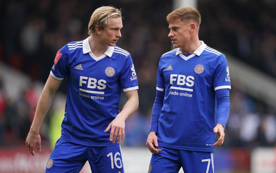 Leicester City's Victor Kristiansen (left) and Harvey Barnes in action during the Emirates FA Cup fourth round match at the Poundland Bescot Stadium - Nick Potts/PA