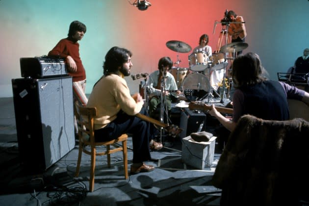 The Beatles during the filming of Let It Be in Twickenham Film Studios, 7th January 1969. - Credit: Ethan A. Russell/© Apple Corps Ltd.