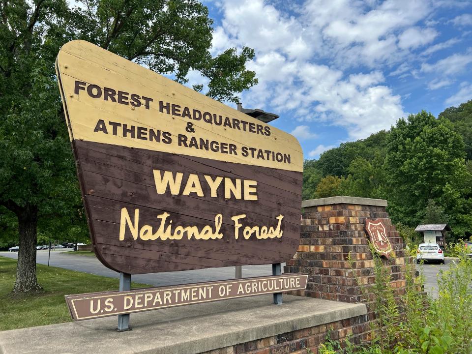 A sign outside of the Wayne National Forest headquarters is posted in Nelsonville, Ohio.