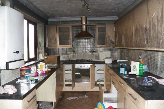 The fire-damaged kitchen