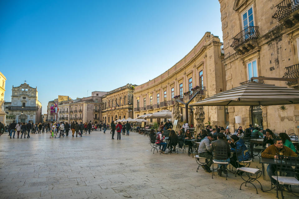 A wide plaza with no cars.