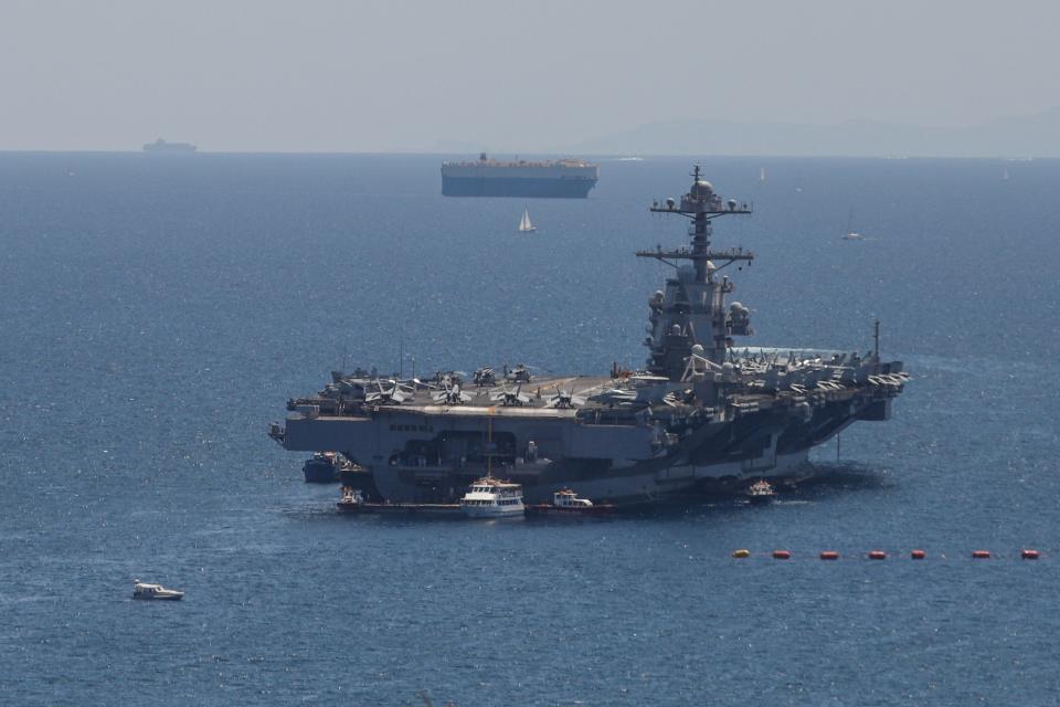 The USS Gerald R. Ford, the 'world's largest warship,' is seen at anchor in Faliro Bay, Athens, Greece, as part of its summer deployment, on July 28, 2023