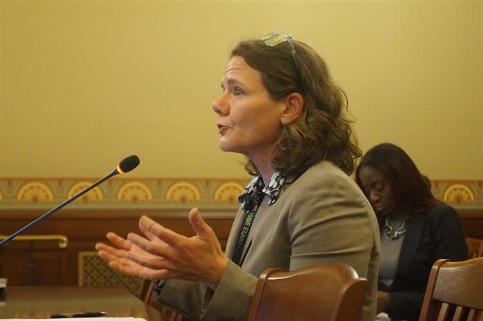 Ann Whalen, the early childhood transition director for Gov. JB Pritzker, testifies before a House budget committee on Tuesday, April 2, 2024 about a plan to create a new state Department of Early Childhood.