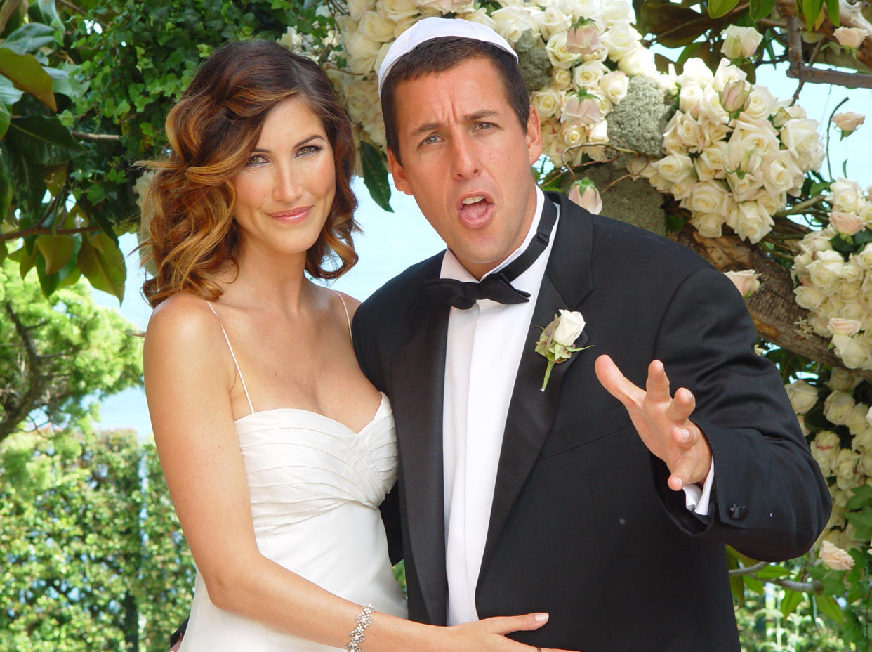 MALIBU, CA - JUNE 22:  In this handout photo, Adam Sandler poses with his bride model-actress Jackie Titone at their wedding June 22, 2003 in Malibu, California. (Photo by Nick Gossen Courtesy of AdamSandler.com/Getty Images) 