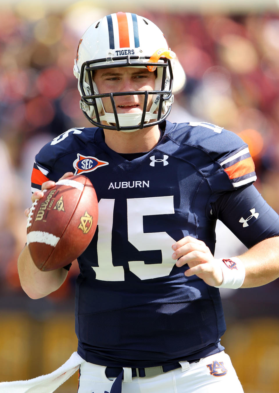 BATON ROUGE, LA - OCTOBER 22: Quarterback Clint Moseley #15 of the Auburn Tigers warms up prior to the game against the LSU Tigers at Tiger Stadium on October 22, 2011 in Baton Rouge, Louisiana. (Photo by Jamie Squire/Getty Images)