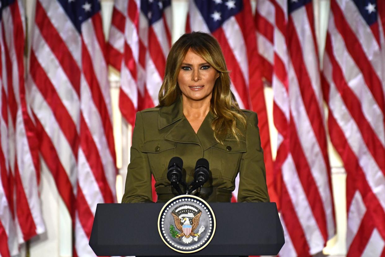 Melania Trump addresses the Republican Convention during its second day from the Rose Garden of the White House: AFP/Getty