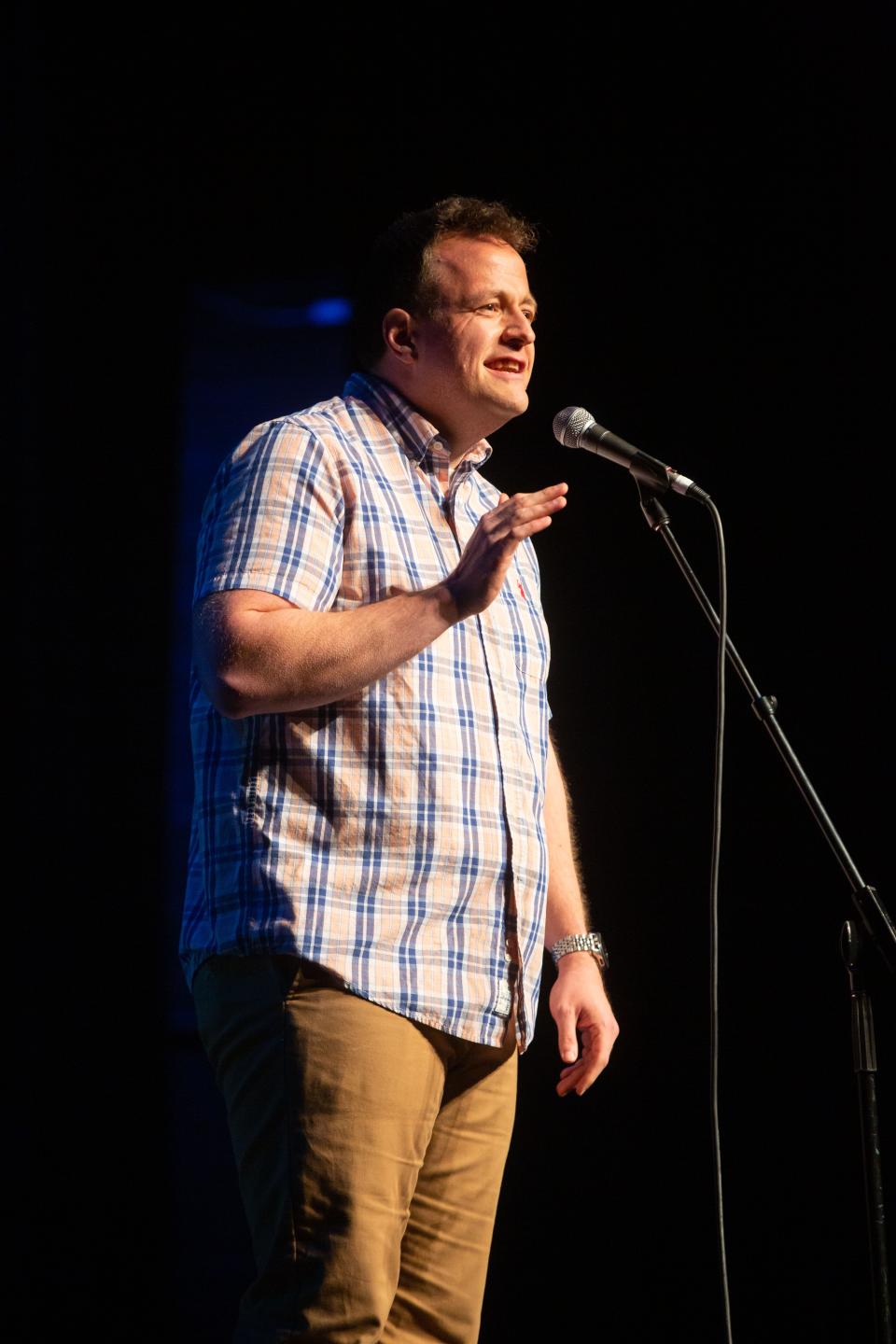 Tony Dahlman performs at the "Growing Up" themed Storytellers event at Hoyt Sherman Place in Des Moines, Tuesday, April 26, 2022.