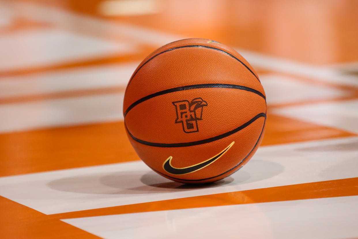 BOWLING GREEN, OH - FEBRUARY 15:  The Nike Elite game ball with the Bowling Green logo is seen sitting on the baseline during a timeout during the fourth quarter of a Mid-American Conference regular season college womens basketball game between the Northern Illinois Huskies and the Bowling Green Falcons on February 15, 2023 at the Stroh Center in Bowling Green, Ohio.  (Photo by Scott W. Grau/Icon Sportswire via Getty Images)