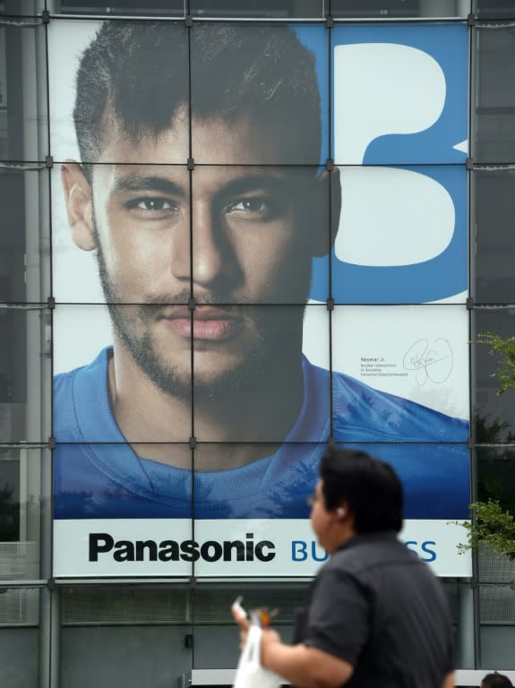A Panasonic poster featuring Brazilian soccer star Neymar on the wall of the Panasonic Centre in Tokyo on July 29, 2015
