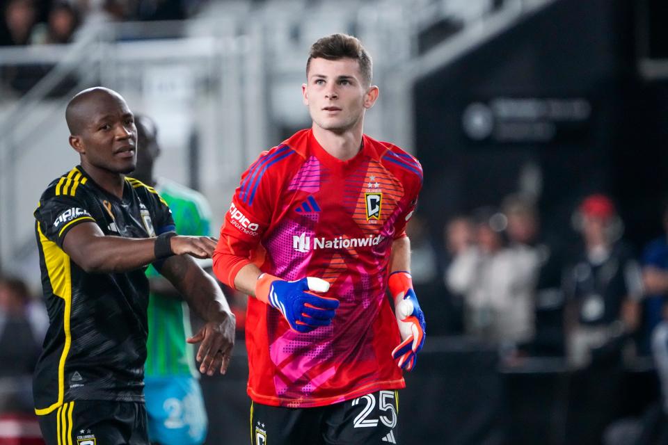 Crew midfielder Sean Zawadzki takes the field as goaltender in the first half Saturday.