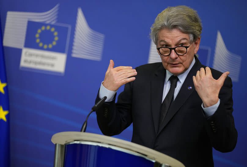 European Commissioner for Internal Market Thierry Breton speaks during a signature ceremony regarding the Chips Act at EU headquarters in Brussels, February 2022