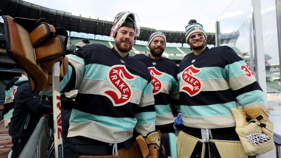 Philipp Grubauer, Chris Driedger and Joey Daccord of the Seattle Kraken pose for a photo during practice. - Steph Chambers/Getty Images