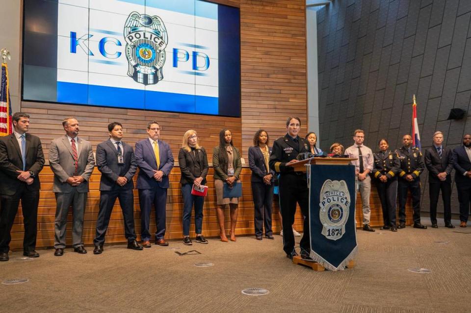 Surrounded by community leaders, Kansas City Police Chief Stacey Graves, speaks during a press conference at Kansas City Police Department Headquarters on Wednesday, May 17, 2023, in Kansas City.