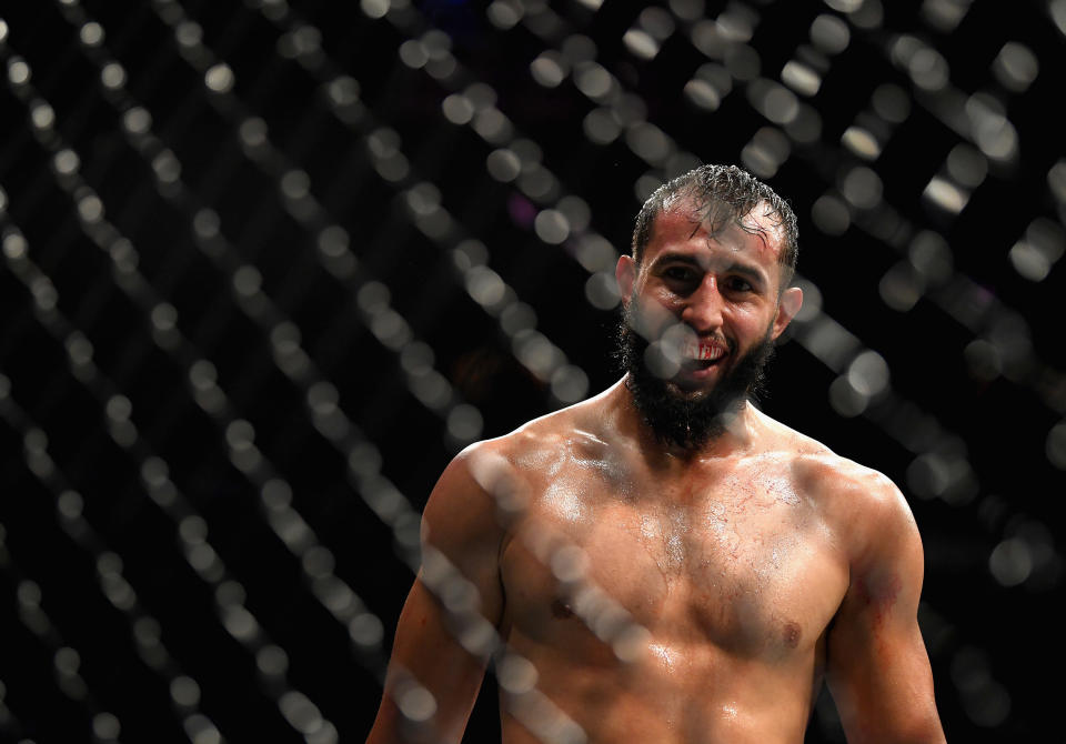 Dominick Reyes smiles after knocking out Ovince Saint Preux in their light heavyweight bout during UFC 229 inside T-Mobile Arena on Oct. 6, 2018 in Las Vegas. (Getty Images)