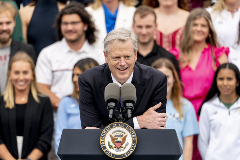 FILE - NCAA President Charlie Baker speaks as the women's and men's NCAA Champion teams from the 2022-2023 season are celebrated during College Athlete Day on the South Lawn of the White House, Monday, June 12, 2023, in Washington. Former Massachusetts governor and Harvard basketball player turned president of the National Collegiate Athletic Association, Baker has outlined a vision at the very top of college sports in an attempt to grapple with one of the diciest issues facing the NCAA — how best to compensate college athletes. (AP Photo/Andrew Harnik, File)