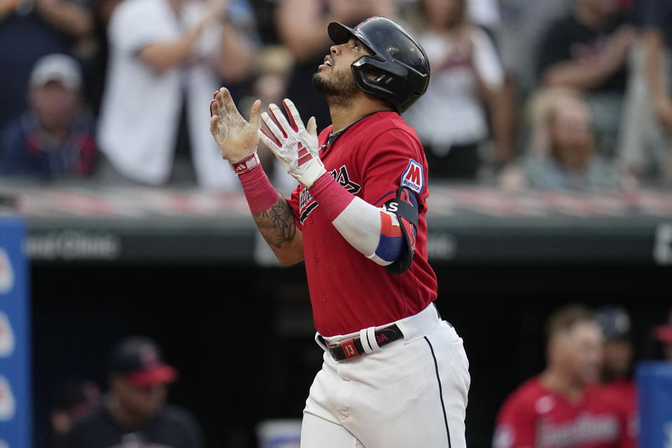 Cleveland Guardians' Gabriel Arias gestures as he runs to home plate with a home run in the fourth inning of a baseball game against the Tampa Bay Rays, Saturday, Sept. 2, 2023, in Cleveland. (AP Photo/Sue Ogrocki)