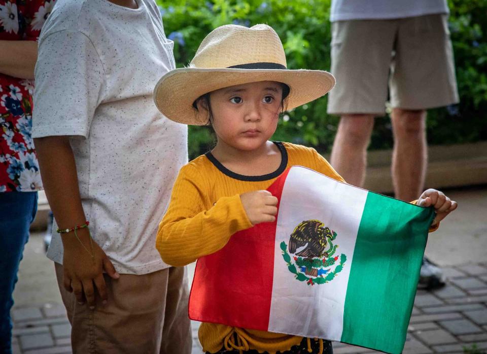 A young girl holds up the Mexican flag during a rally in front of Lake Worth Beach City Hall to protest Florida's new (SB) 1718 immigration-related legislation Sunday,