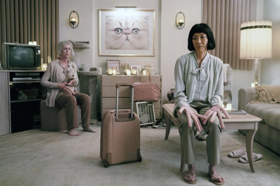 EVERYTHING EVERYWHERE ALL AT ONCE, from left: Jamie Lee Curtis, Michelle Yeoh, 2022. ph: Allyson Riggs /© A24 / Courtesy Everett Collection