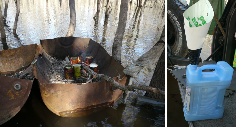 A half barrel was used to cook food (right). Water was boiled and stored (left). Source: Supplied