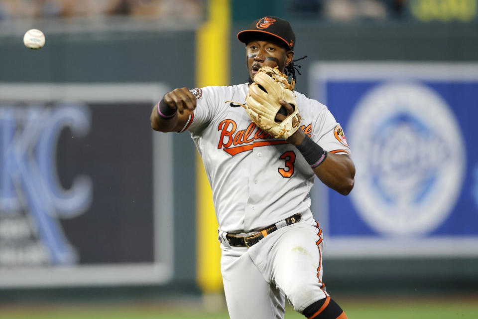 Baltimore Orioles shortstop Jorge Mateo throws to first base for an out after fielding a ground ball by Kansas City Royals' Carlos Santana during the fourth inning of a baseball game in Kansas City, Mo., Friday, June 10, 2022. (AP Photo/Colin E. Braley)