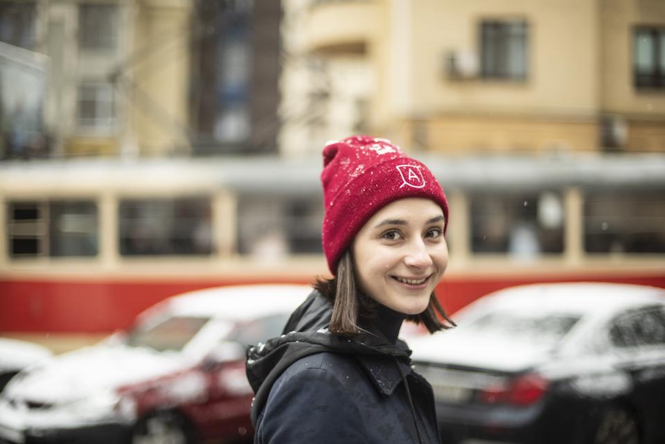 In this photo taken on Wednesday, March 27, 2019, actress Kateryna Savchenko, 24, poses for a photo during an interview with the Associated Press in Kiev, Ukraine. Five years after a deadly separatist conflict broke out in eastern Ukraine, a generation of first-time voters in rebel-held areas have been cut off from Ukraine's presidential election on Sunday, March 31. (AP Photo/Evgeniy Maloletka)