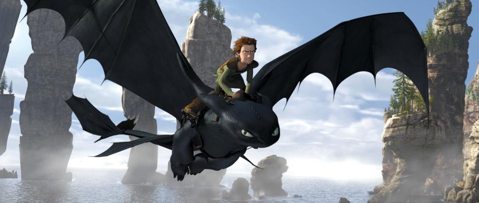 Hiccup (voiced by Jay Baruchel) and buddy Toothless fly high in “How to Train Your Dragon."