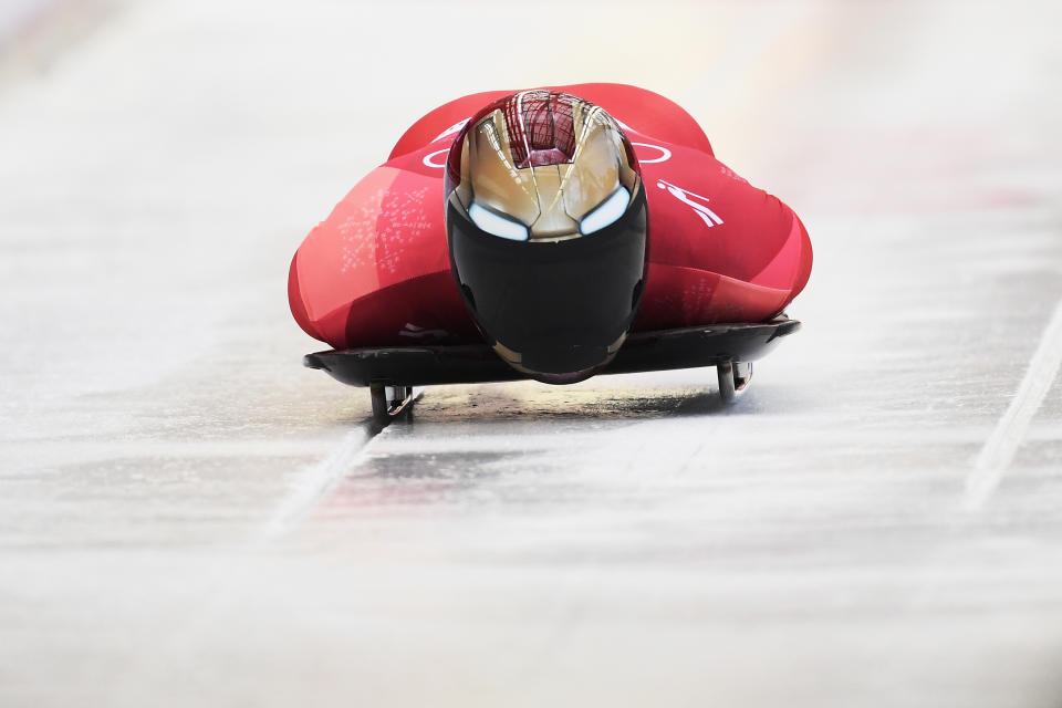 South Korea’s Yun Sung-bin forges forward during the Men’s Skeleton heats at Olympic Sliding Centre on February 16, 2018 in Pyeongchang-gun, South Korea. (Getty)