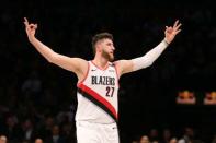 Feb 21, 2019; Brooklyn, NY, USA; Portland Trail Blazers center Jusuf Nurkic (27) reacts during the fourth quarter against the Brooklyn Nets at Barclays Center. Mandatory Credit: Brad Penner-USA TODAY Sports