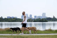 A man walks dogs alongside Sloan's Lake in Denver on Wednesday, June 16, 2021. A heat wave continues to hover over the western U.S., pushing the temperature to 99 degrees in Denver. (AP Photo/Brittany Peterson)