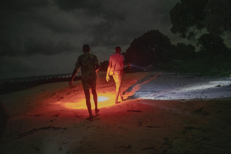 Using red lights, park rangers look for forest elephants in Gabon's Pongara National Park forest, on March 11, 2020. Gabon holds about 95,000 African forest elephants, according to results of a survey by the Wildlife Conservation Society and the National Agency for National Parks of Gabon, using DNA extracted from dung. Previous estimates put the population at between 50,000 and 60,000 or about 60% of remaining African forest elephants. (AP Photo/Jerome Delay)