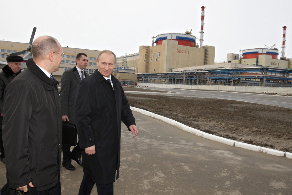 FILE - Russian Prime Minister Vladimir Putin, second left, visits the Volgodonsk nuclear power plant in Volgodonsk, some 1,000 kilometers (600 miles) south of Moscow, Russia, on March 18, 2010. (AP Photo/RIA-Novosti, Alexei Druzhinin, Pool, File)