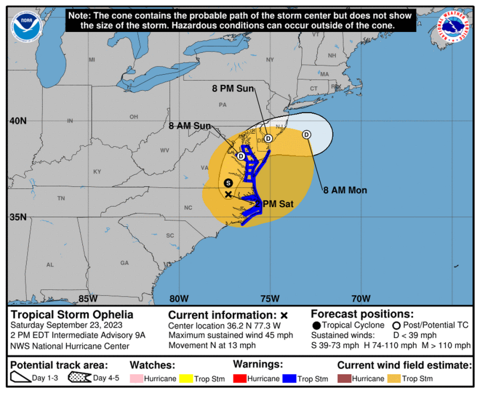 Tropical Storm Ophelia’s path on Saturday, Sept. 23, 2023.