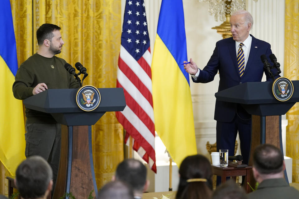 President Joe Biden speaks during a news conference with Ukrainian President Volodymyr Zelenskyy in the East Room of the White House in Washington, Wednesday, Dec. 21, 2022. (AP Photo/Andrew Harnik)