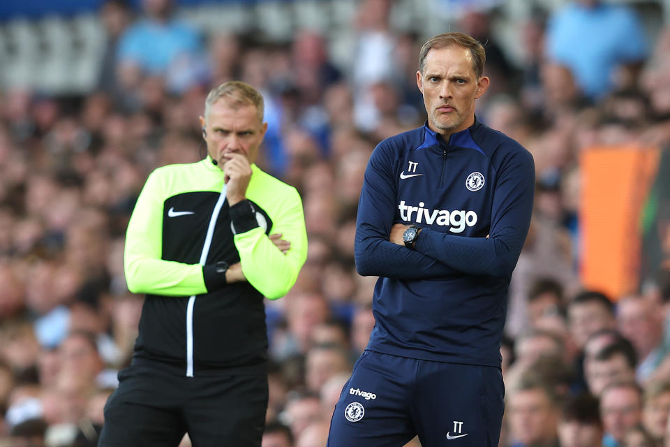 Chelsea manager Thomas Tuchel (left) looks on during their Premier League match against Everton at Goodison Park.