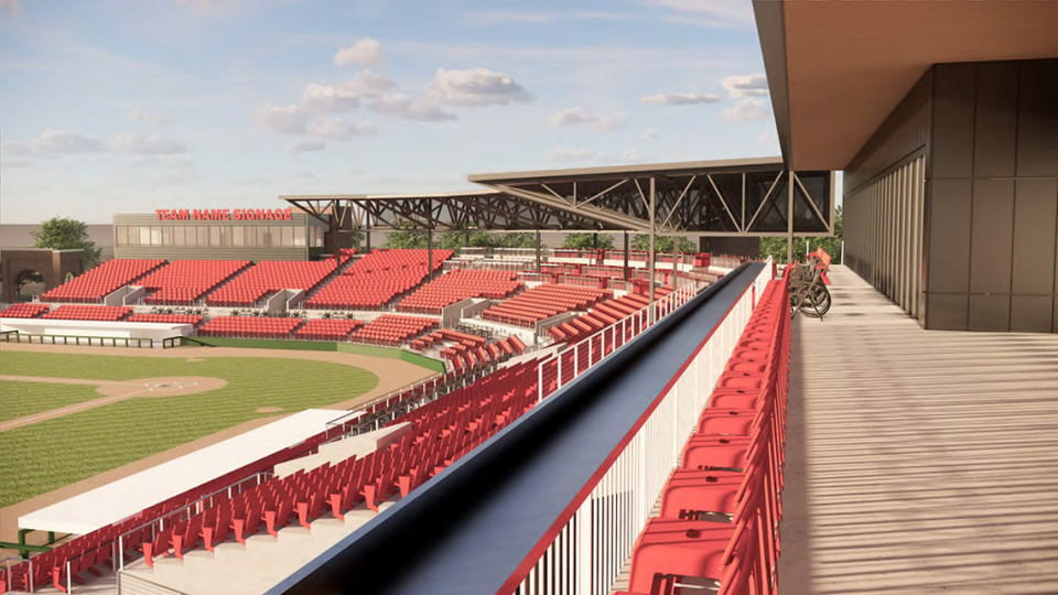 This artist’s rendering shows what Golden Park, now named Synovus Park, is planned to look like when the $50 million renovation of the 98-year-old baseball stadium in Columbus is completed in time for the 2025 arrival of the Atlanta Braves Class AA minor league affiliate moving from Mississippi.