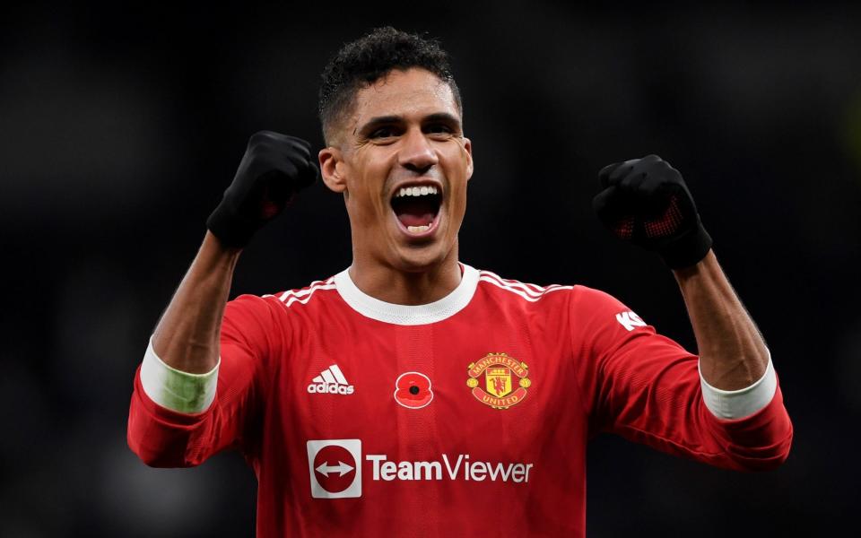 Manchester United's Raphael Varane celebrates after the match. - REUTERS