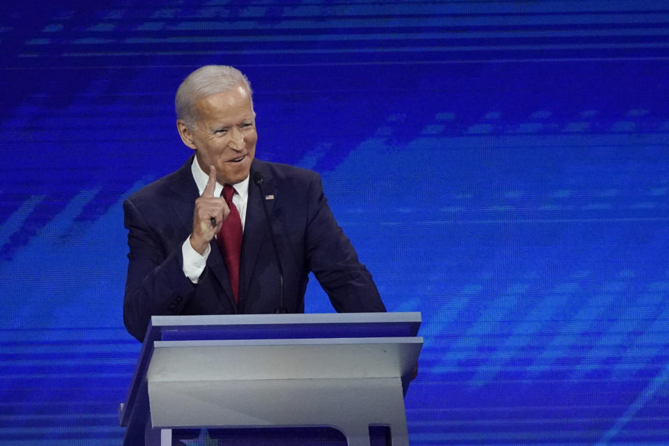 In this Sept. 12, 2019, photo, former Vice President Joe Biden responds to a question during a Democratic presidential primary debate hosted by ABC at Texas Southern University in Houston.Famous for his off-the-cuff storytelling, the former vice president regularly goes deep in the vault to pull out characters and events known only to a people of a certain age. (AP Photo/David J. Phillip)