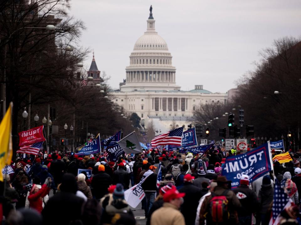 A crowd of Trump supporters prepares to march on the Capitol on 6 January 2021 (EPA-EFE)