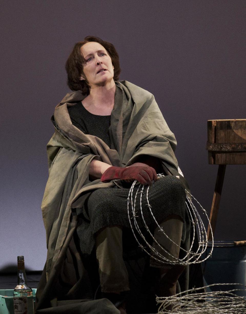 This undated publicity photo provided by Philip Rinaldi Publicity shows Fiona Shaw as Mary in a scene from play, “The Testament of Mary,” by Colm Toibin, which opens Monday, April 22, 2013. The one-woman show directed Deborah Warner is currently playing a limited engagement on Broadway at the Walter Kerr Theatre in New York. (AP Photo/Philip Rinaldi Publicity, Paul Kolnik)