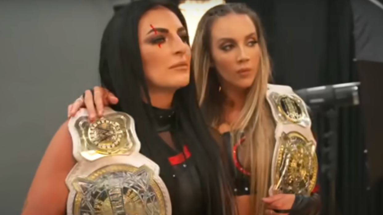  Sonya Deville and Chelsea Green participate in a photo shoot during a WWE segment. 