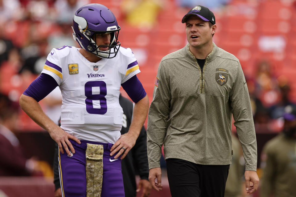 Kirk Cousins #8 talks with head coach Kevin O’Connell of the Minnesota Vikings. (Photo by Scott Taetsch/Getty Images)