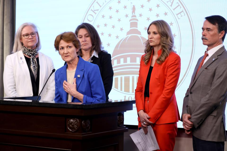 Sen. Kay Floyd speaks during a press conference with Senate and House Democrats Ryan Walters in Oklahoma City, Thursday, April 11, 2024.