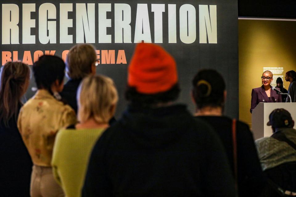 Director and President of the Academy Museum, of Motion Pictures Jacqueline Stewart speaks during the media preview of Regeneration: Black Cinema 1898-1971, the newest special exhibit at the Detroit Institute of Arts from the Academy museum, that explores the influential history of Blacks in American film from cinema’s infancy to the years following the Civil Rights Movement.