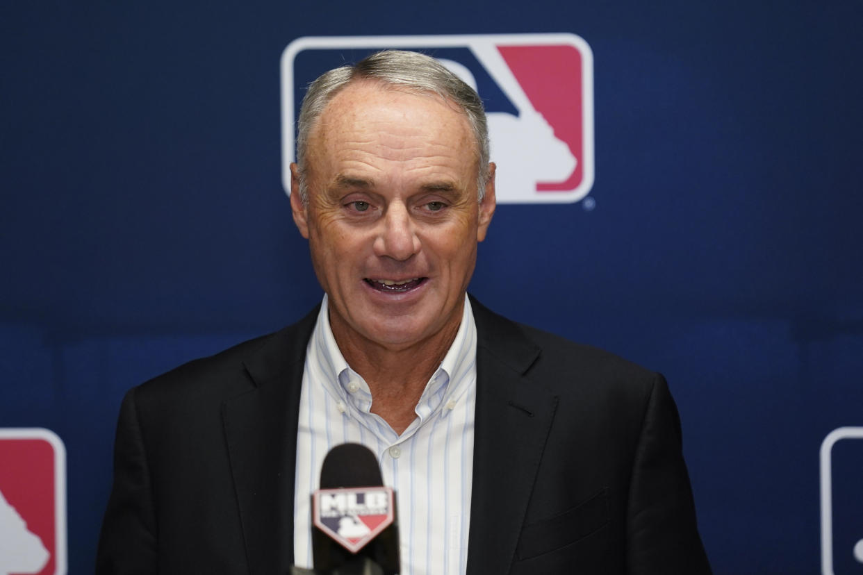 Major League Baseball Commissioner Rob Manfred speaks to reporters following an owners' meeting at MLB headquarters in New York, Thursday, June 16, 2022. (AP Photo/Seth Wenig)