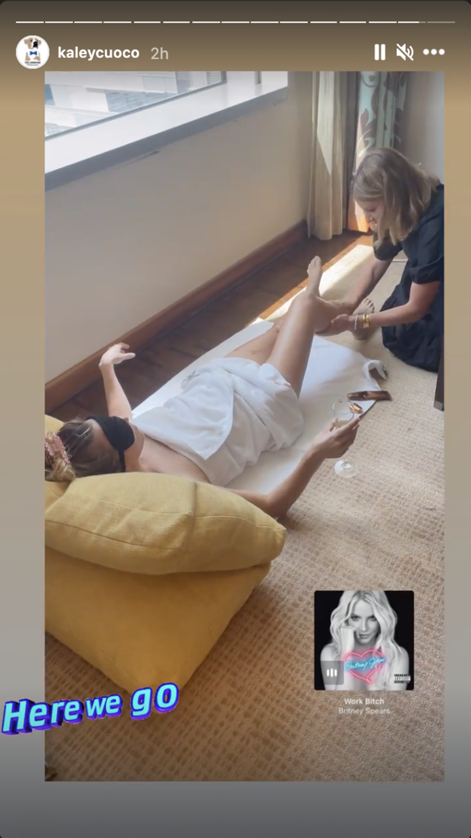 Cuoco shared a video getting a massage and enjoying a glass of wine. (Kaley Cuoco / Instagram)