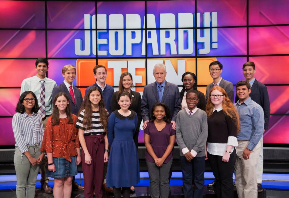 "Jeopardy!" host Alex Trebek and the teens competing on the show's 2018 "Teen Tournament"