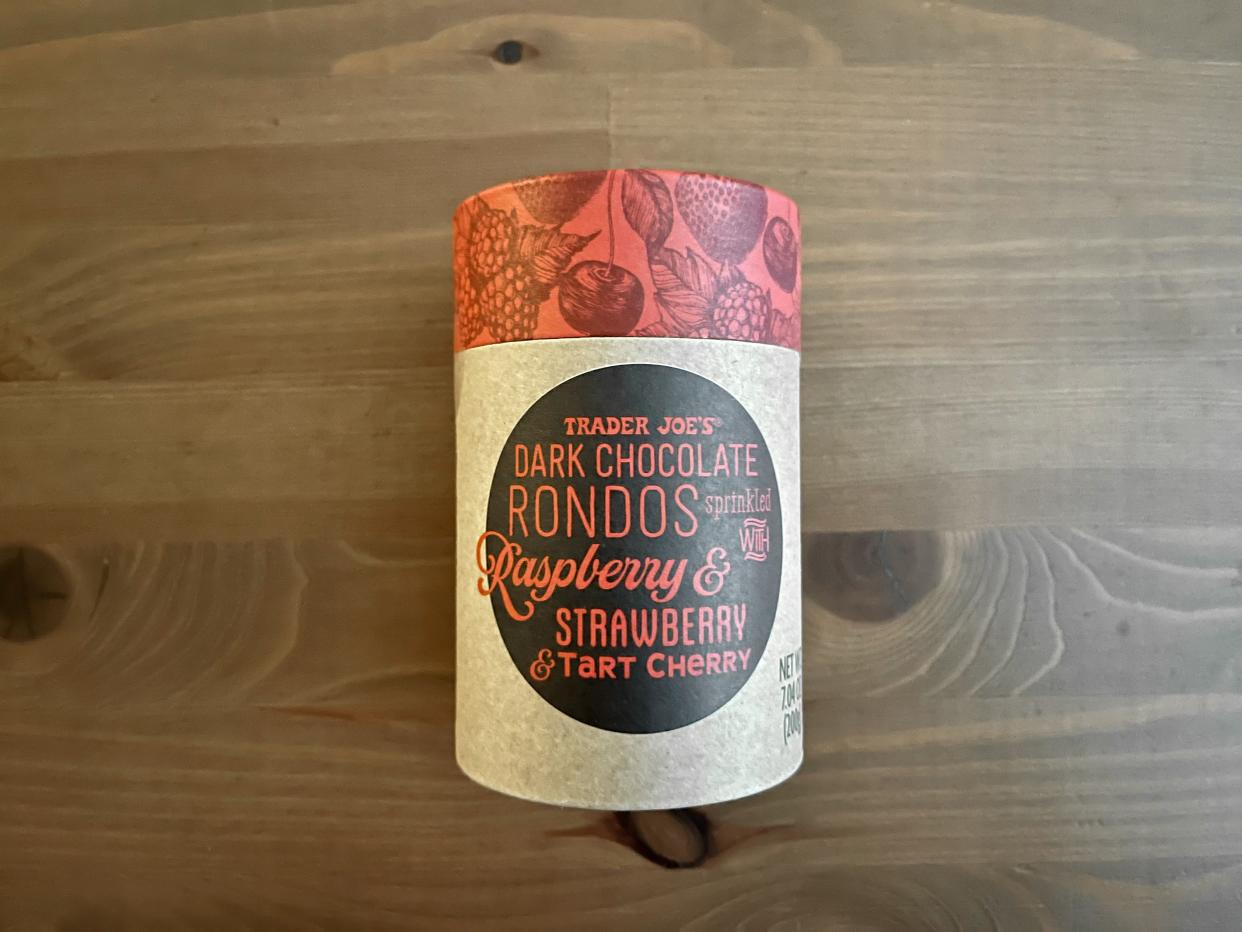 Dark Chocolate Rondos Sprinkled With Raspberry, Strawberry, and Tart Cherry from trader joes
