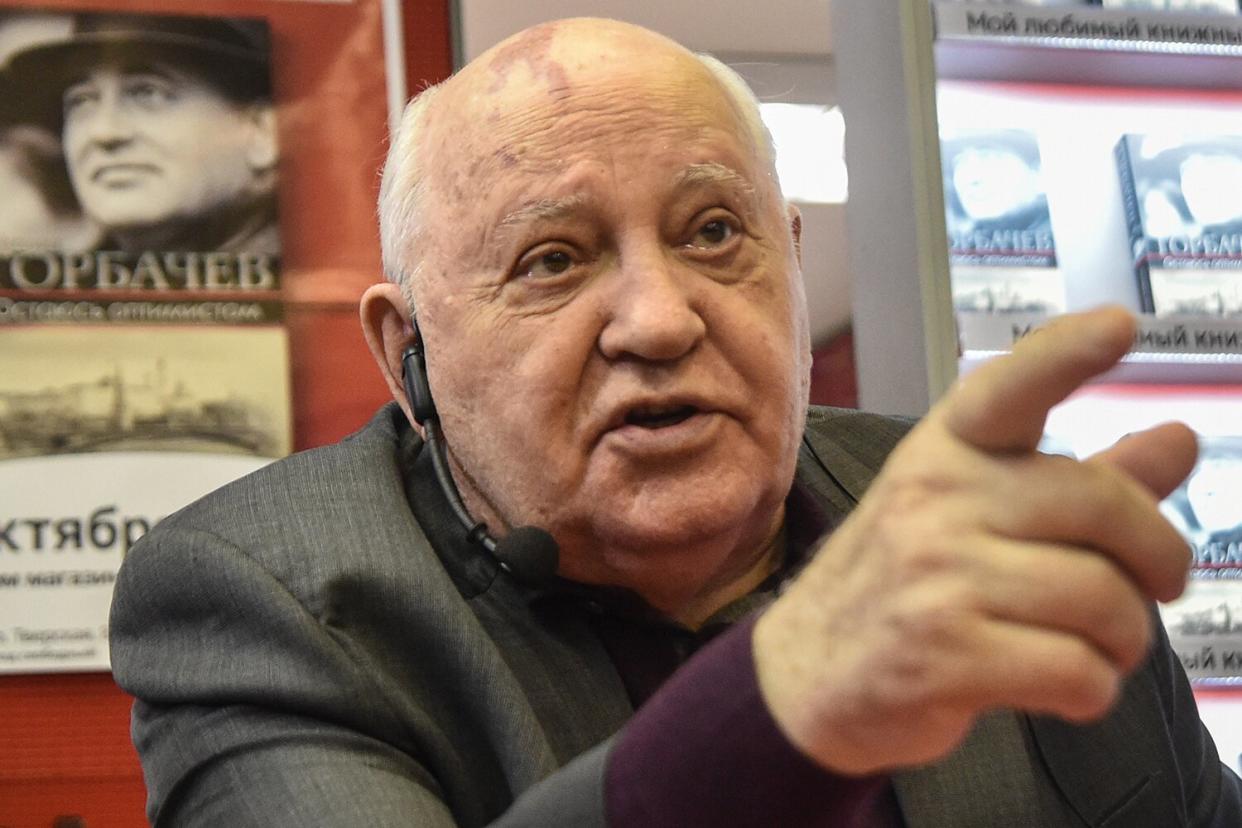 Former head of the USSR Mikhail Gorbachev speaks during the presentation of his book "I Remain an Optimist" at a book store in Moscow on October 10, 2017.